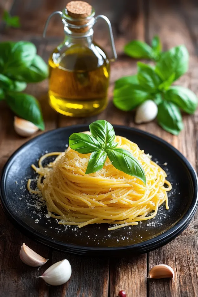 Spaghetti with grated cheese and basil sits on a black plate beside garlic and a glass olive oil bottle on a rustic wooden table.