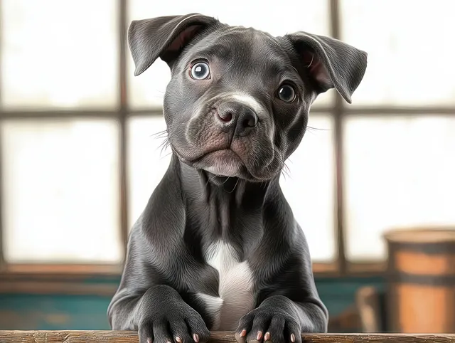 Young gray and white puppy with wide eyes looking up while resting front paws on a wooden table by a window.