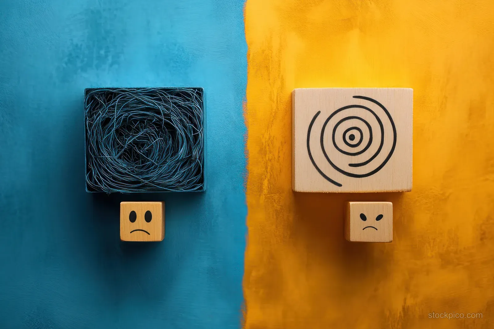 Two wooden face blocks on blue and yellow backgrounds with tangled and spiral-like line patterns above them.