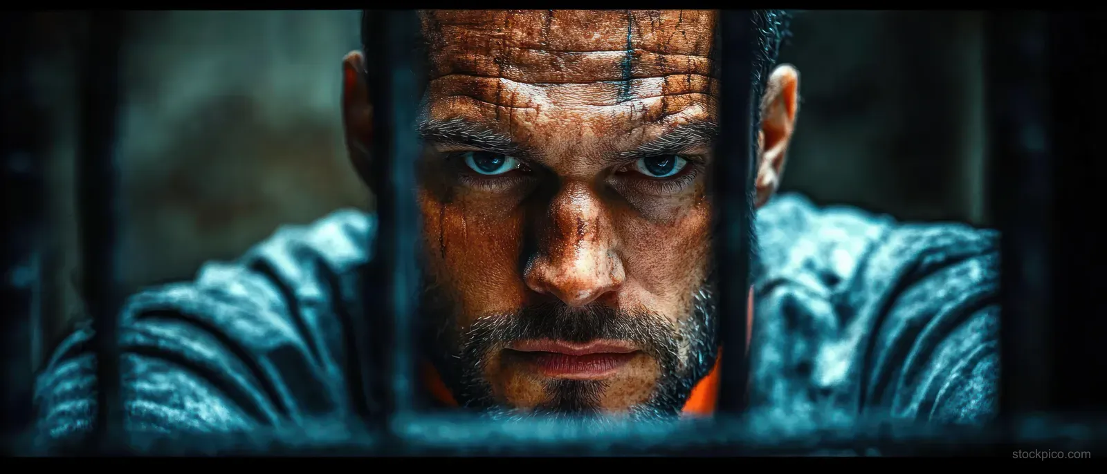 Weathered man with blue eyes stares through prison bars, showing bruised skin and a determined expression.