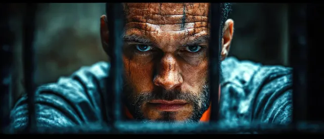 Weathered man with blue eyes stares through prison bars, showing bruised skin and a determined expression.