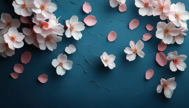 White and pink cherry blossoms and petals scattered on a dark teal textured surface.