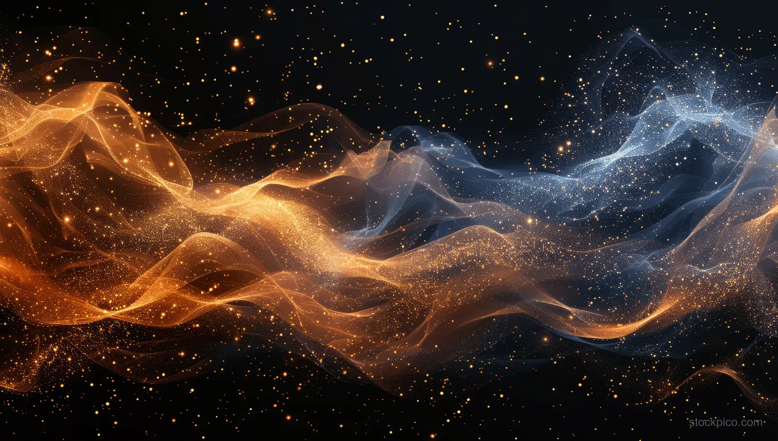 Golden and blue glitter swirls float on a dark background with tiny sparkling particles.