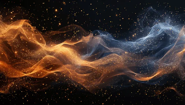 Golden and blue glitter swirls drifting across black night sky with spark particles