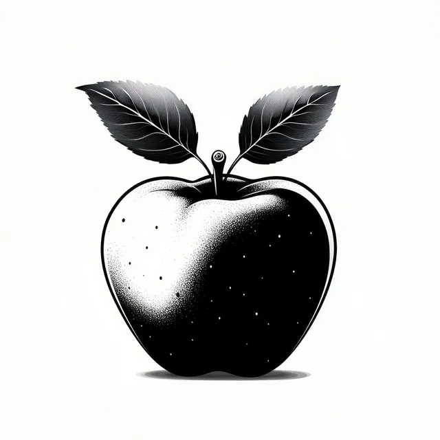 Monochrome illustration of one apple with two leaves on a stem casting a soft shadow on a light background.