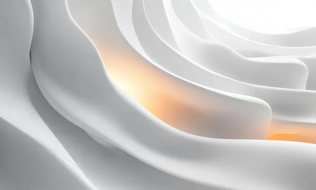 White ribbon-like curves curl across a grey surface with soft warm light and subtle shadows.