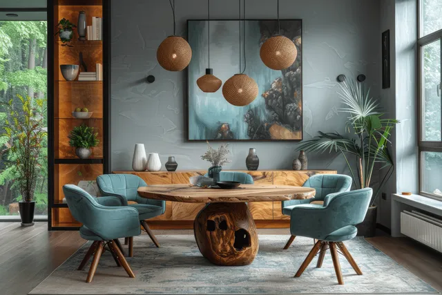 A round wooden dining table in front of a mint green sofa beside wall cabinetry and large windows with plants.