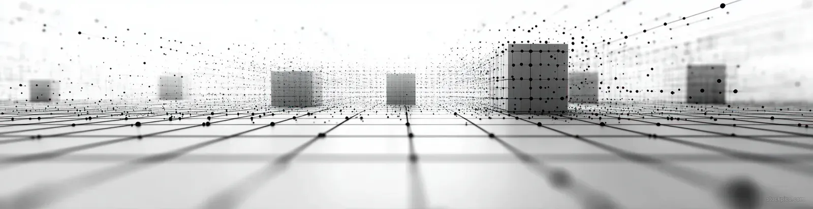 Perspective grid floor with floating cubes and dotted connection lines in a grayscale abstract technology scene.