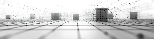 Futuristic geometry grid with floating cubes and data points over a lab-like corridor floor