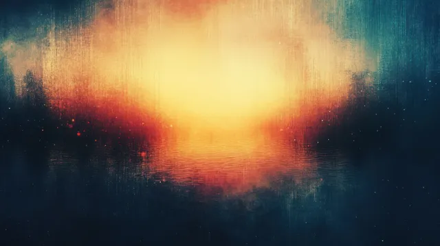 Glowing orange light blooms over dark blue textured abstract background with vintage grain