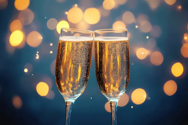 Two champagne flutes clink together, showing golden bubbles against warm glowing bokeh lights.