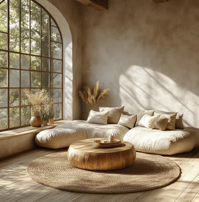 Beige sofa and round wooden coffee table in a Scandinavian living room with arched window sunlight and soft shadows.