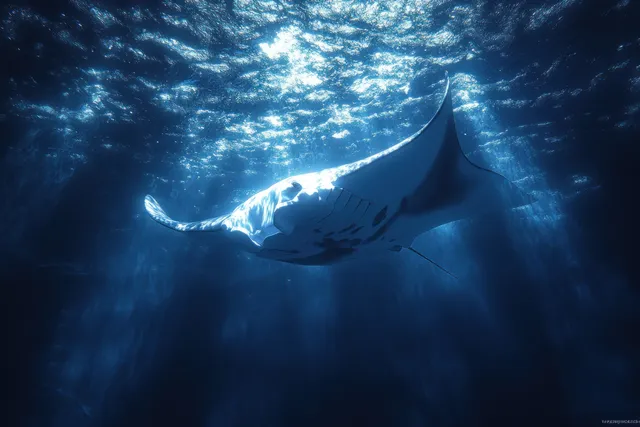 Majestic manta ray glides through deep blue water with sunlight rays and nearby fish school