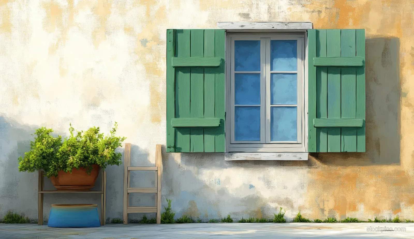 Green shutter window on a weathered exterior wall with potted plants and painterly light.