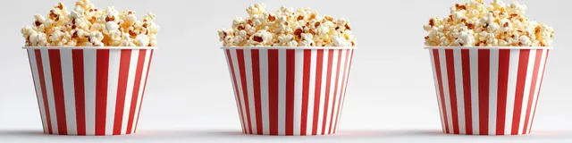 Three red-and-white striped popcorn boxes filled with freshly popped kernels sit side by side on a white surface.