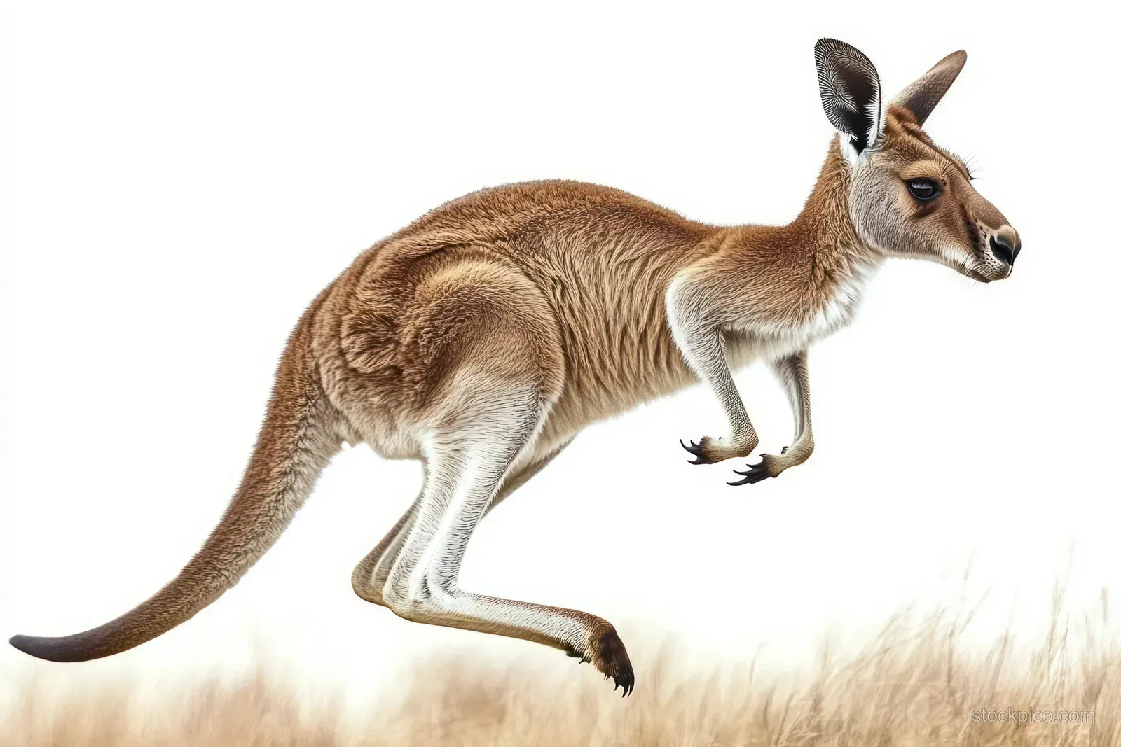 Brown kangaroo mid-hop with alert face isolated on white background with a faint shadow below.