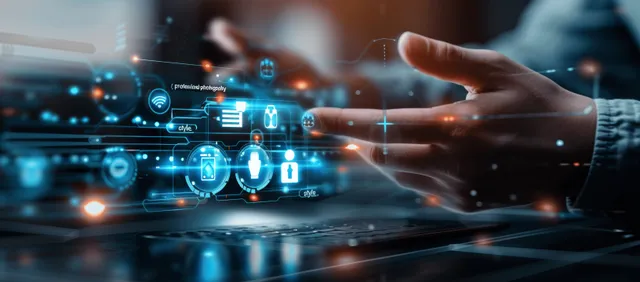 Businessman’s hand reaches toward a glowing AI chatbot interface with customer support icons in a digital network scene.