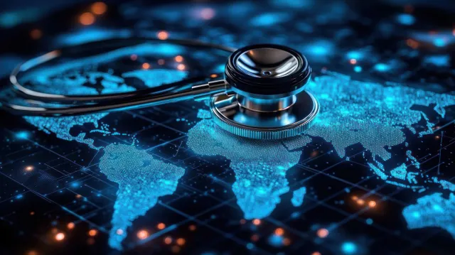 Metallic stethoscope resting on a glowing digital world map with blue data connections