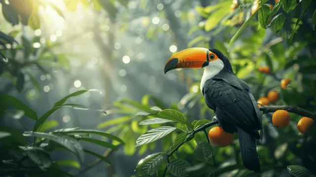A toucan perched on a leafy branch in a sunlit tropical rainforest with glowing background foliage.