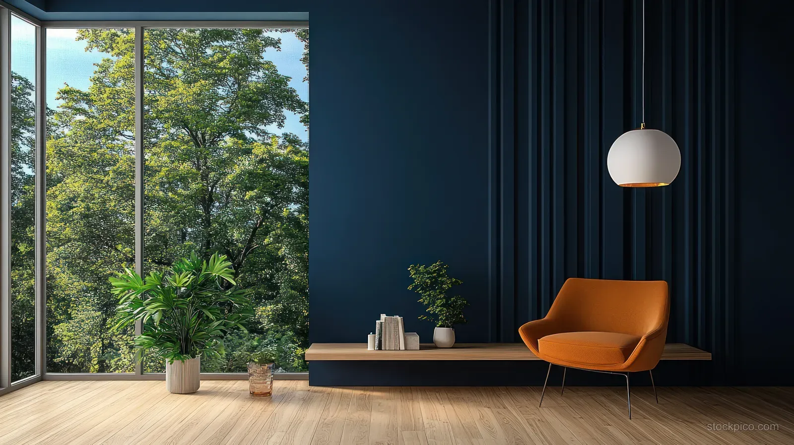 Orange lounge chair beside a navy wall in a bright Scandinavian living room with large windows and a pendant lamp.