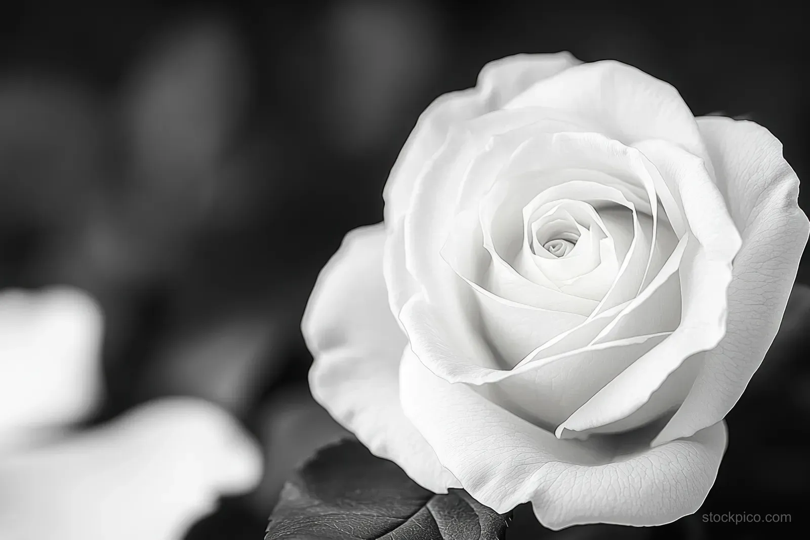 A close-up white rose with detailed petals in sharp focus against a blurred dark background.