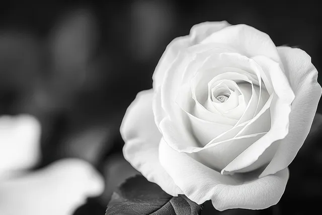 Close-up white rose in sharp focus on dark background with soft petals and light shadow