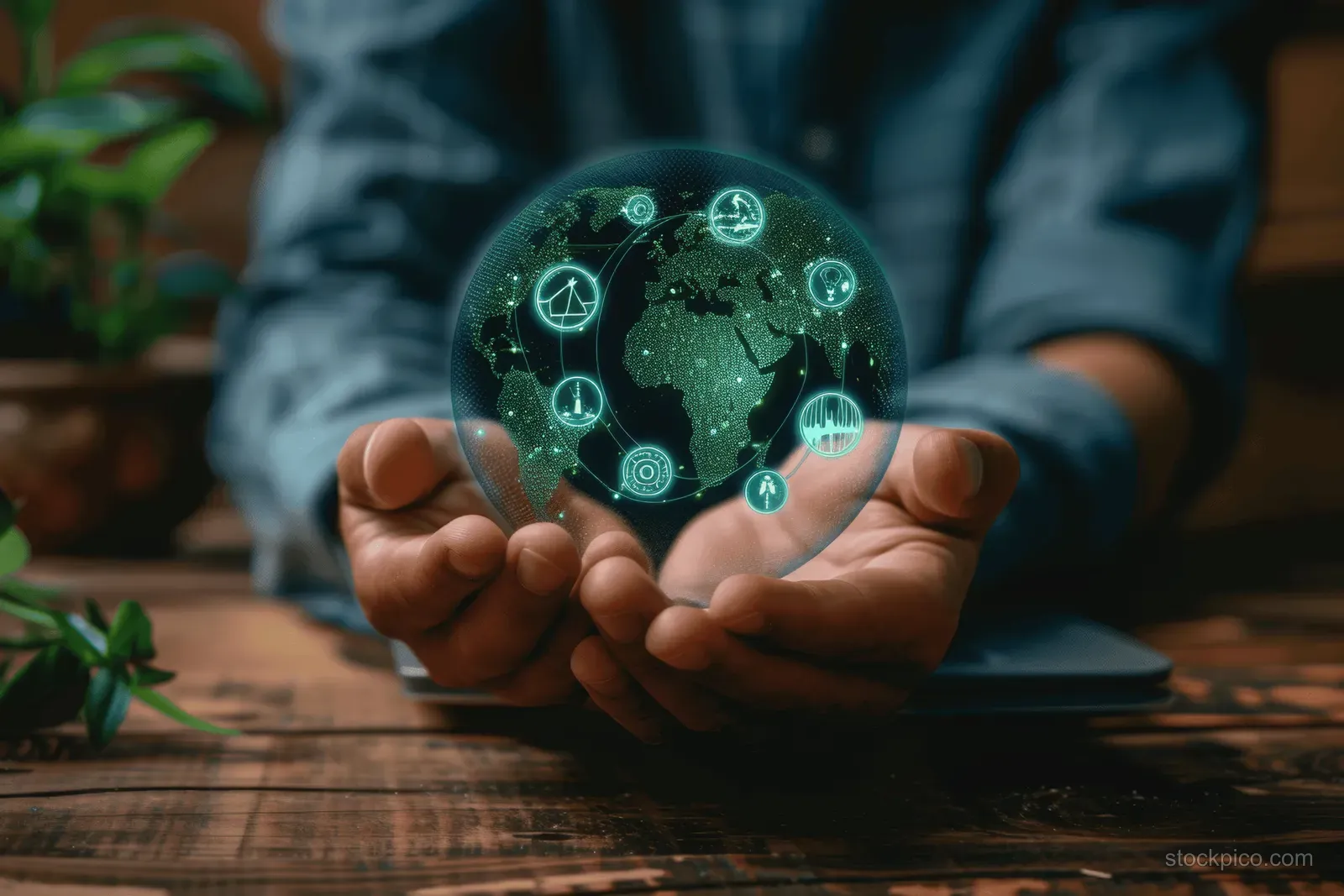 Hands hold a glowing holographic Earth globe with carbon and energy icons on a wooden table.