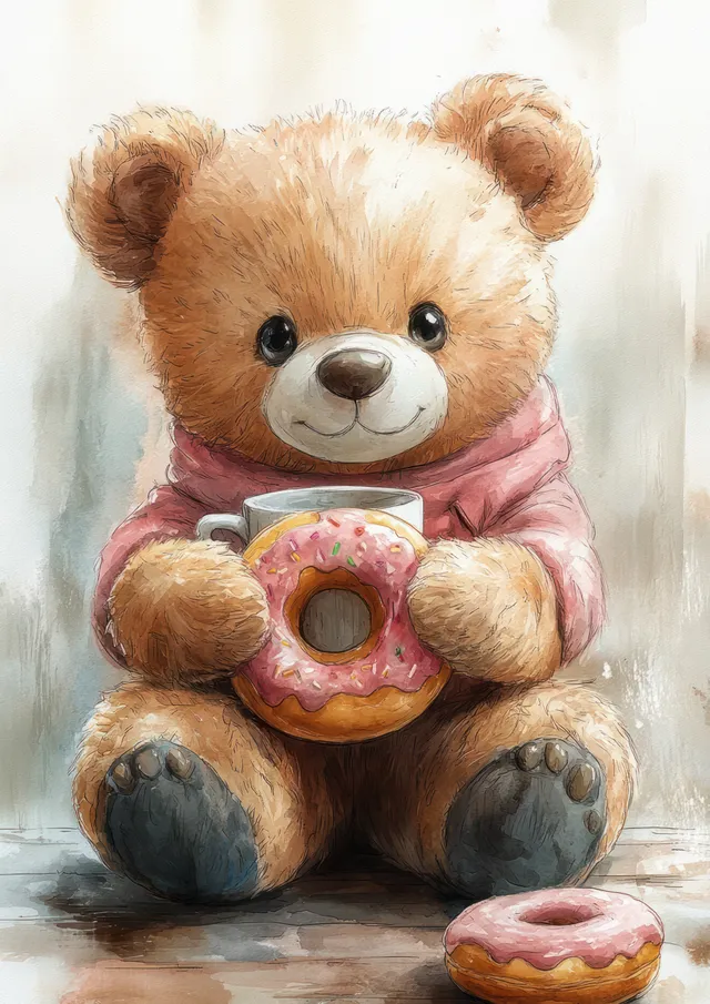 Watercolor teddy bear holding a donut, sipping from a coffee mug on a cozy table