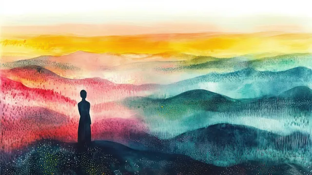 A lone silhouette stands on a hill facing layered mountains under a vivid yellow and orange sunrise sky.