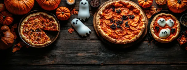 Rustic table set with ghost-shaped pizza, pumpkin pie, candy apples, and small Halloween figures.