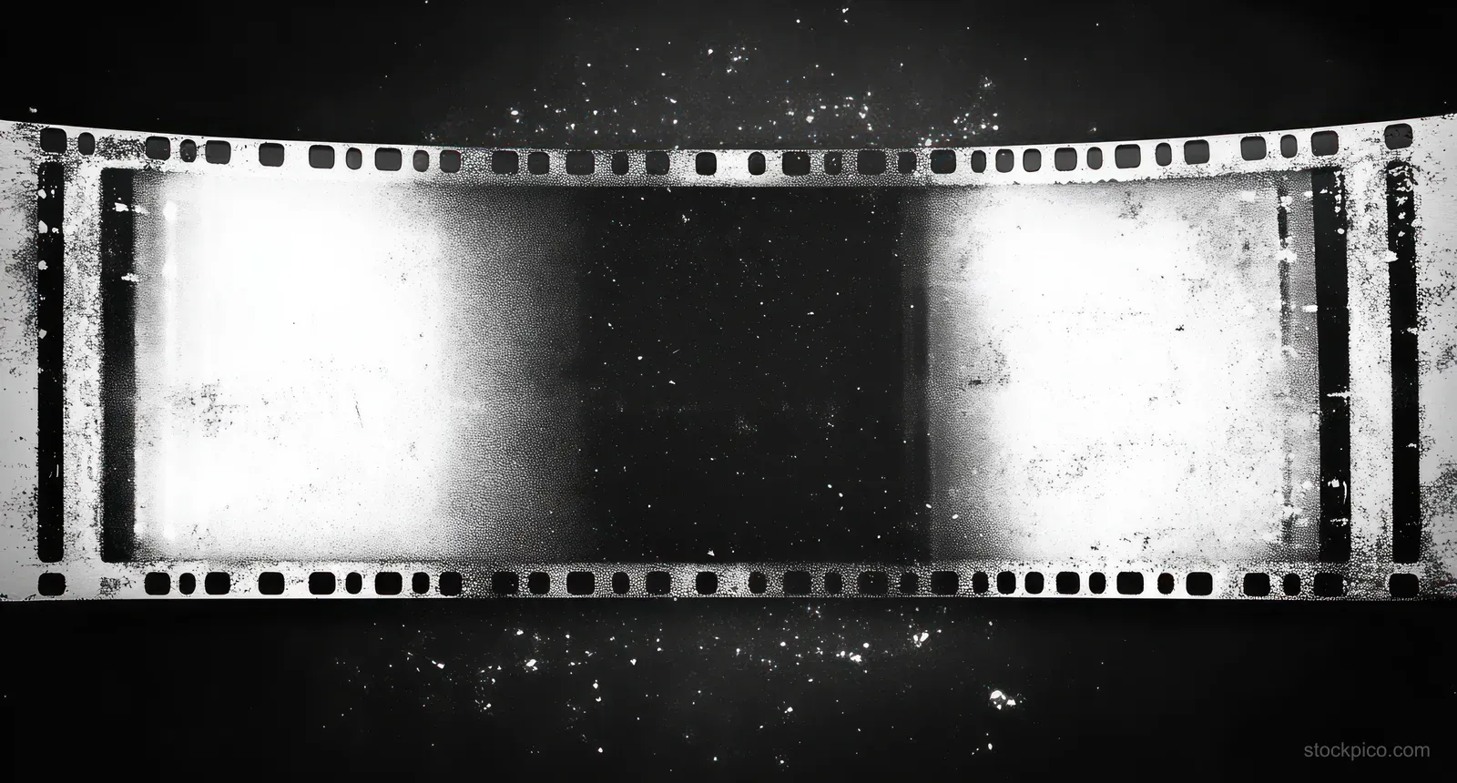 Monochrome vintage film strip with perforations, dust specks, and distressed scratches on a grunge background.
