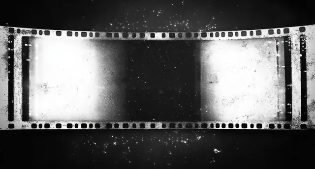 Black and white vintage film strip grunge texture with dust, scratches, and perforations