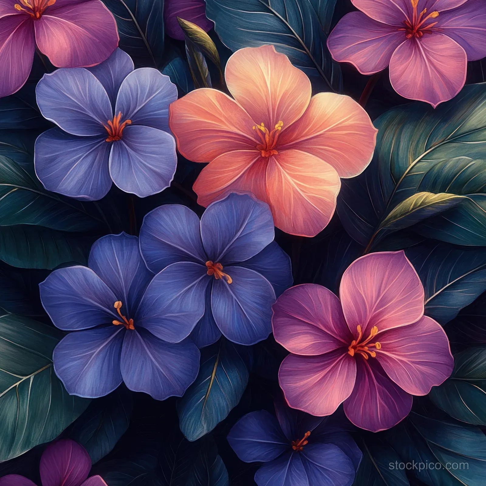 Watercolor flowers in purple, pink, and peach layered over dark green leaves in a repeating floral pattern.