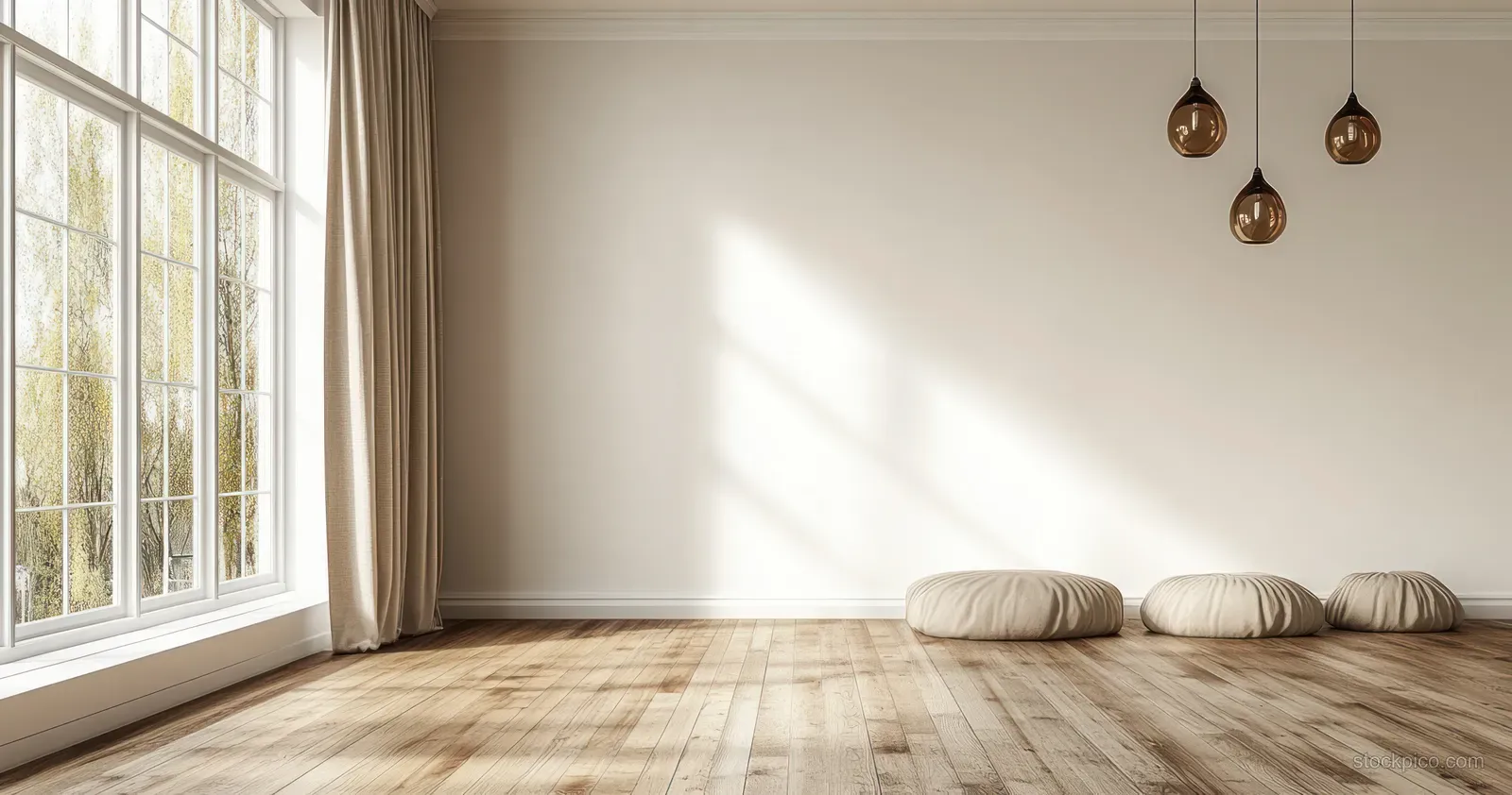 Sunlit minimalist living room with large window, neutral walls, hanging pendant lights, and wooden floor with rolled cushions.
