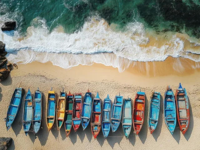 Aerial view of colorful fishing boats lined on sandy shore at Drini Beach