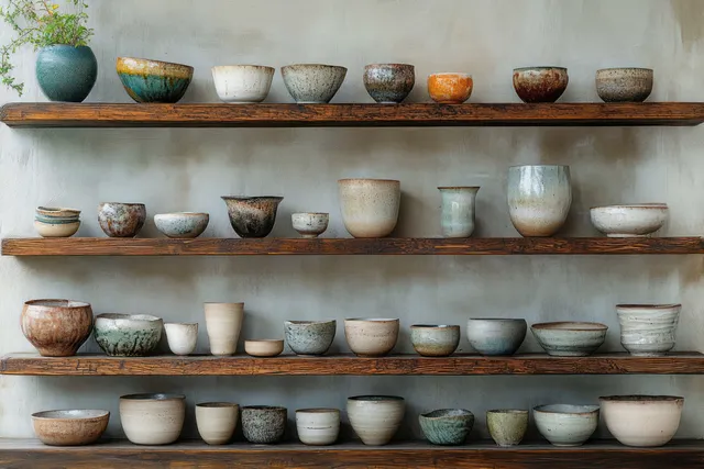 Ceramic bowls and pots arranged on wooden shelves with a green potted plant on the top shelf.