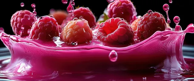 Raspberries plunge into vibrant pink liquid splash with droplets and motion visible against a dark background.
