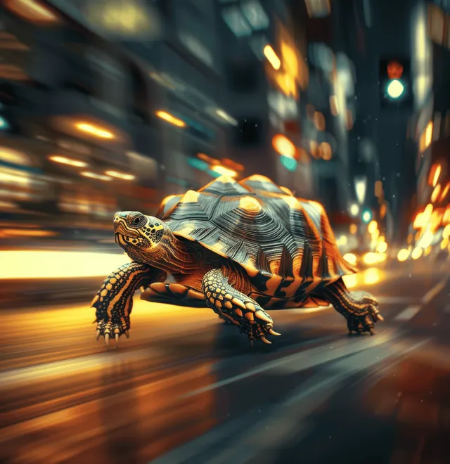 A turtle running on a neon city street at night with blurred traffic lights behind it.