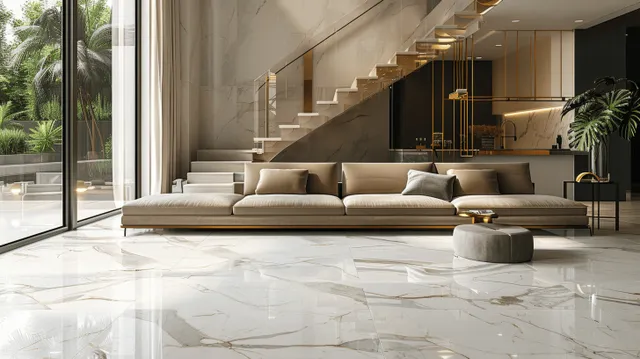 Beige sofa sits on a marble floor beside a glass wall, with a wooden staircase and floor lamp in view.