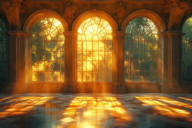 Warm sunlight beams stream through arched cathedral windows onto a stone floor inside a quiet church.