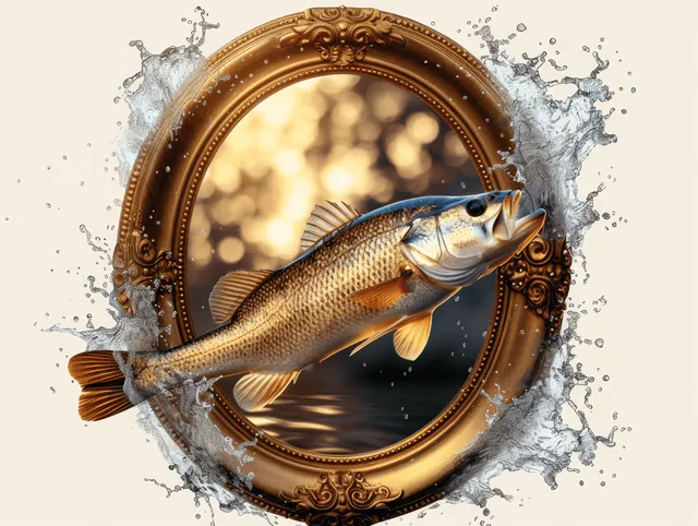 Freshwater bass jumps out of splashing water inside an ornate oval frame under warm golden-hour light.