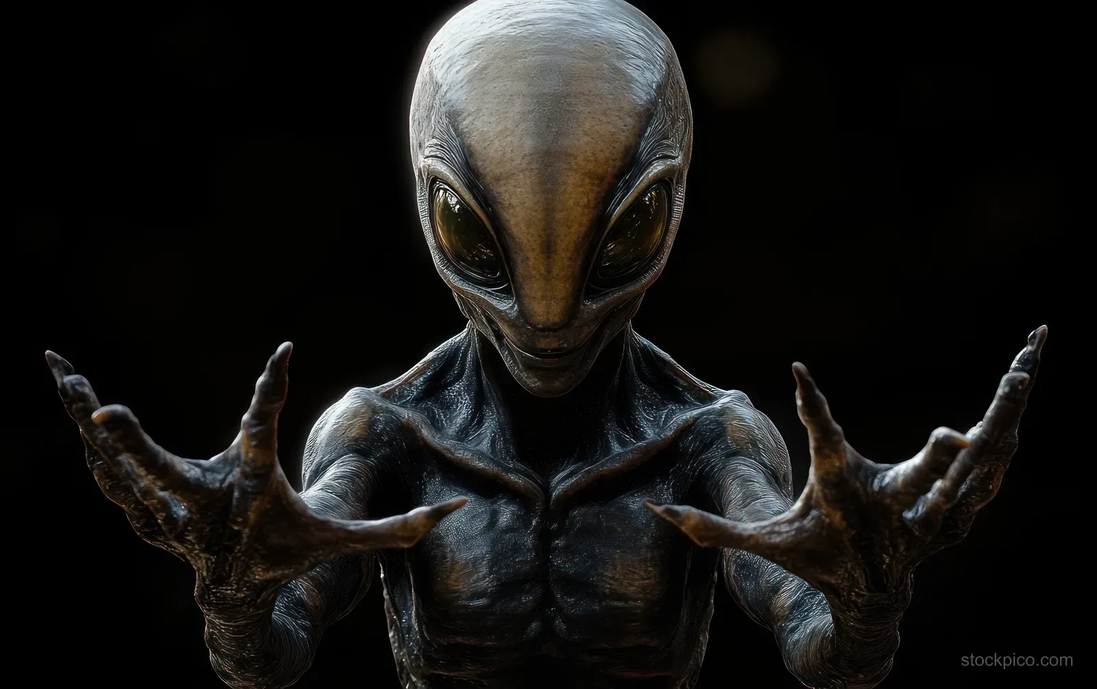 Symmetrically posed gray alien skull figure with raised hands illuminated by chiaroscuro light on a black background.