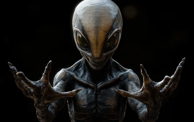 Symmetrically posed gray alien skull figure with raised hands illuminated by chiaroscuro light on a black background.