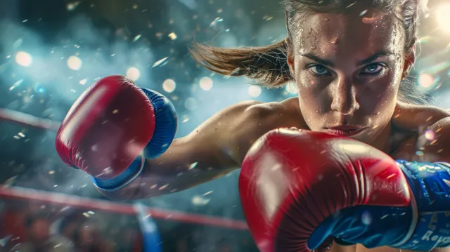 Female boxer from Great Britain throws a punch in a featherweight bout with motion blur