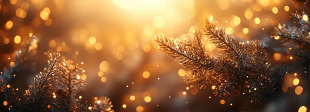 Golden bokeh lights shimmer behind pine branches on a soft winter holiday background.