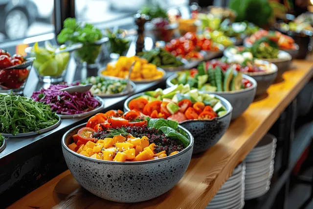 Fresh vegan grain bowls and salads lined up on a cafe counter with bright toppings