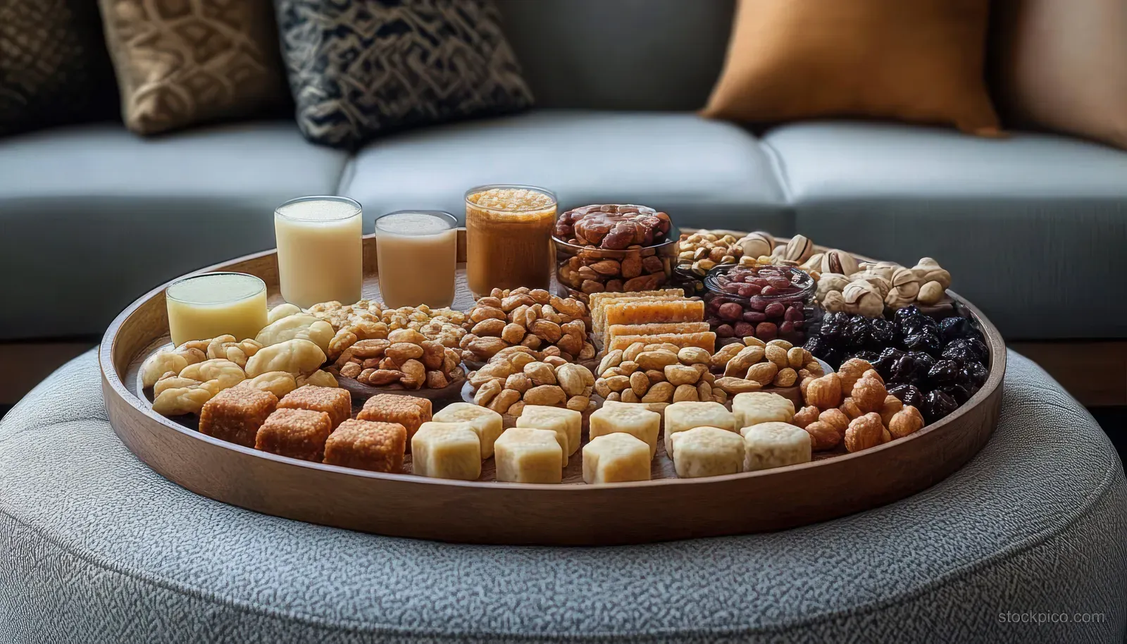 Round wooden tray on a sofa ottoman filled with nuts, dried fruit, sweets, and small glasses of beverages.