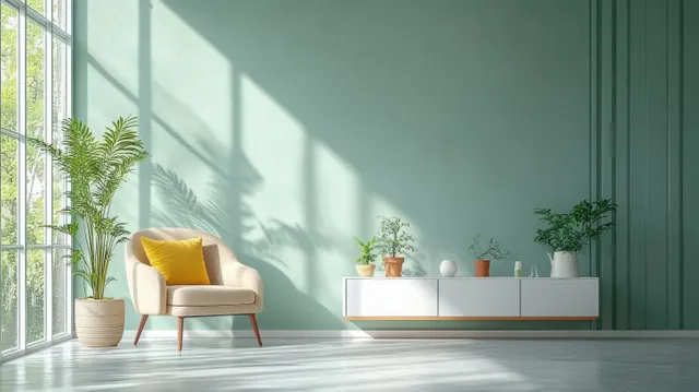 Minimalist living room with a beige armchair, white cabinet, and small potted plants against a light green striped wall.