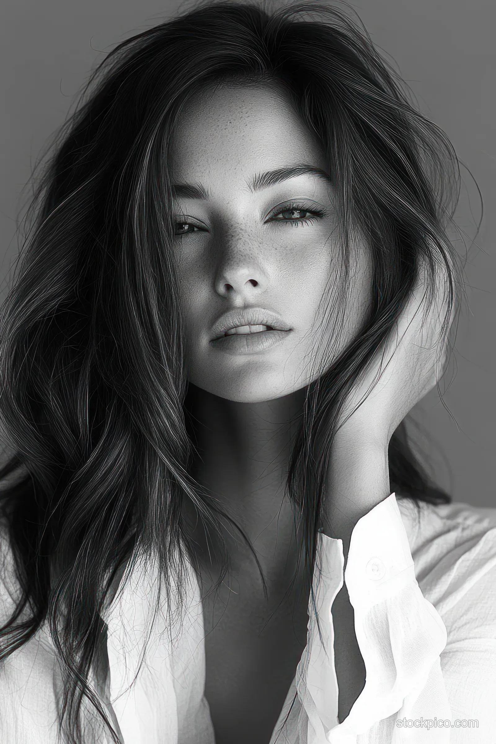 Black and white close-up portrait of a young woman resting her head on her hand with freckles and tousled dark hair.