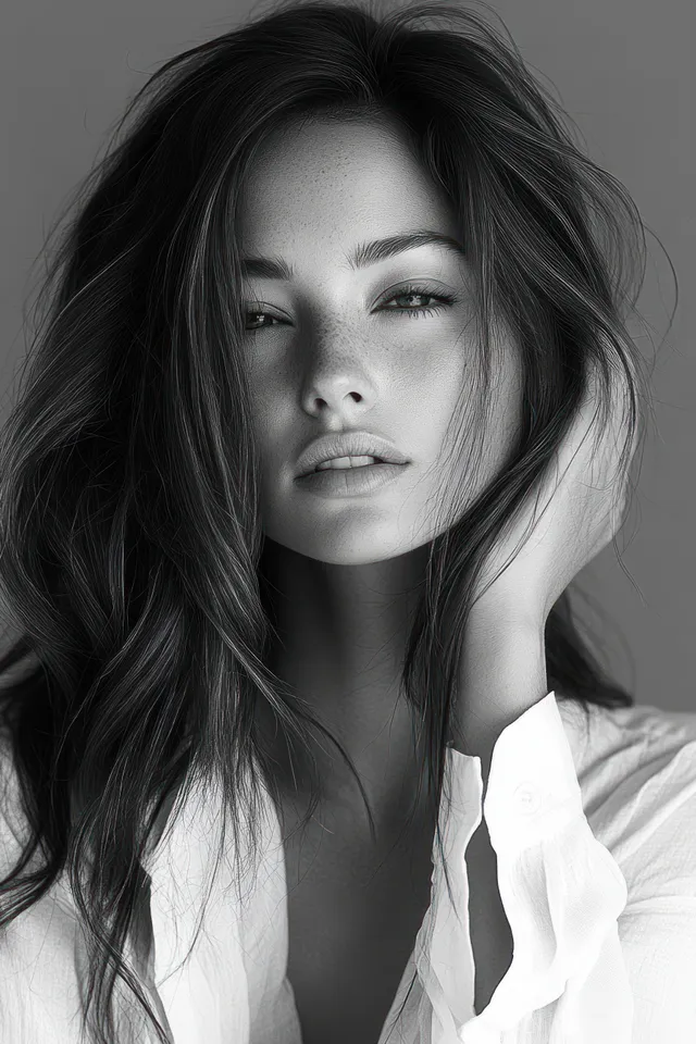 Black and white close-up portrait of a young woman resting her head on her hand